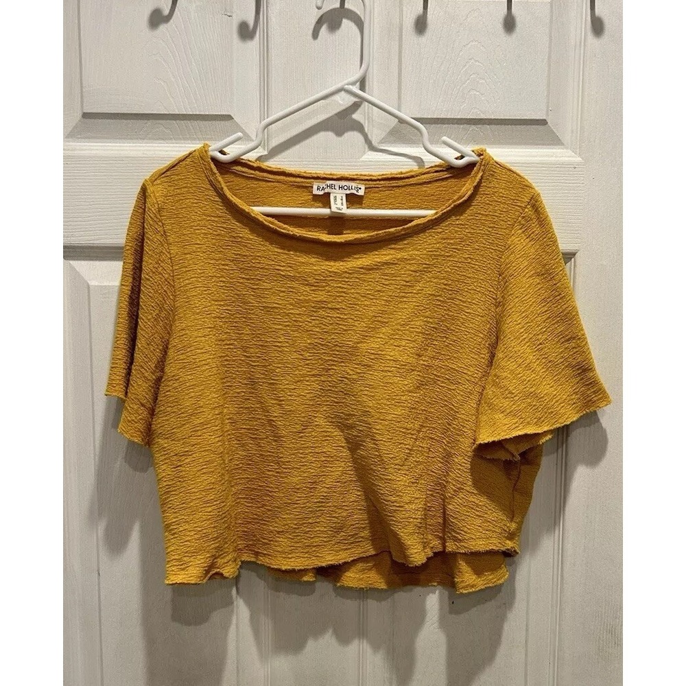 Rachel Hollis Mustard Yellow Textured Cotton Cropped Flutter‎ Sleeve Tee Shirt S